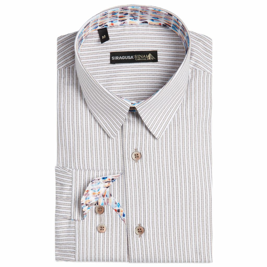 Sinai Collection Luxe Cotton Feather Striped Beige Dress Shirt