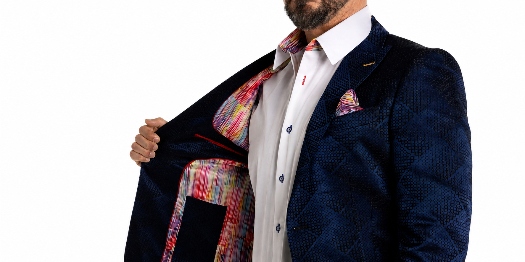 Jacket pocket lining pulled out as a matching pocket square